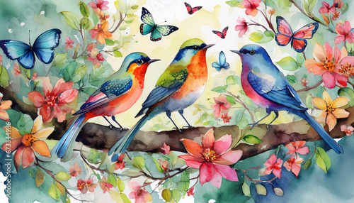 Watercolor painting pattern of colorful birds standing on tree branches with butterflies and beautiful flowers in a harmonious color © gary