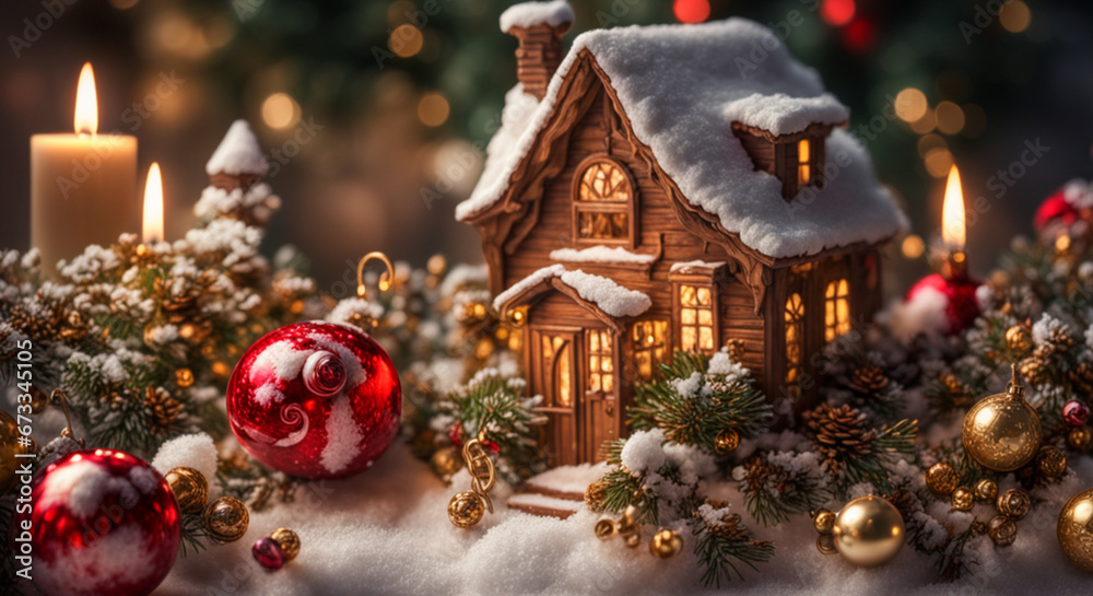 christmas tree decoration.  Window of a store.  A toy snow-covered house among New Year's toys on the table