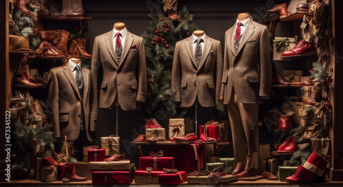 Christmas display in a men clothing store.  Window  of the store.  Mannequins in men's classic suits on a store window