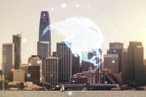 Double exposure of graphic America map hologram on San Francisco office buildings background, big data and digital technology concept