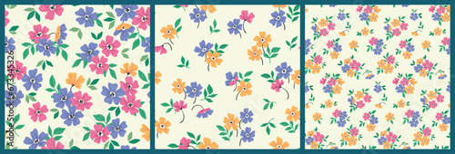 Seamless floral pattern, liberty ditsy print with mini cute flowers. Colorful botanical design: small hand drawn flowers, tiny leaves, simple bouquets on a white background. Vector illustration.