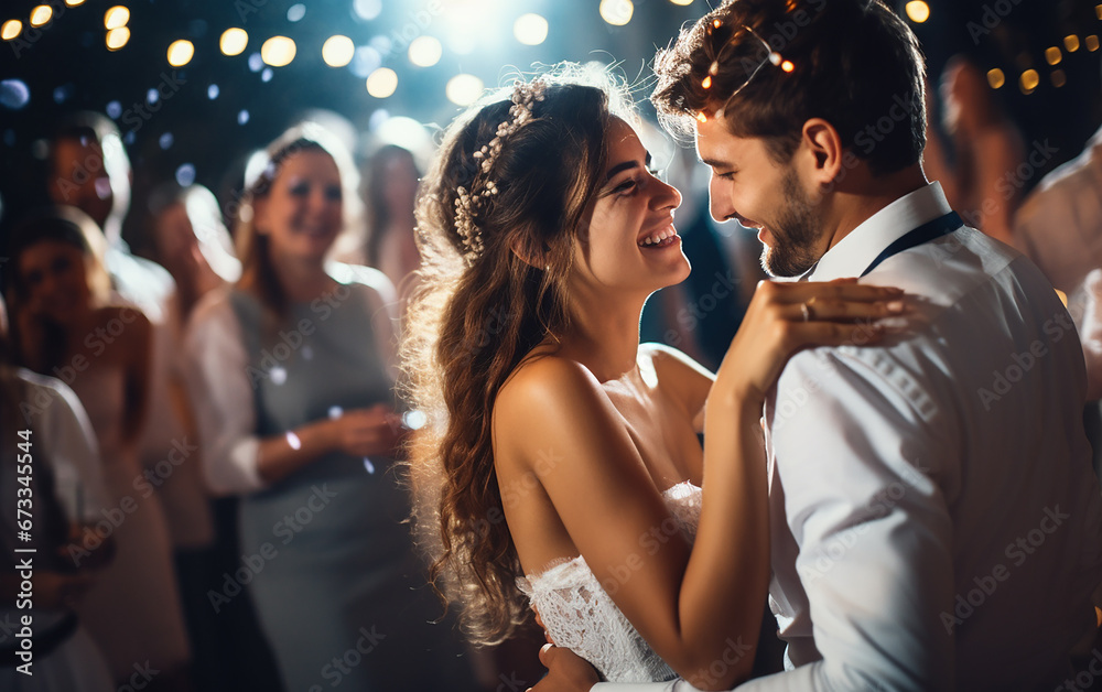 Beautiful Bride in White Dress and Groom Celebrate Wedding at an Evening Reception Party