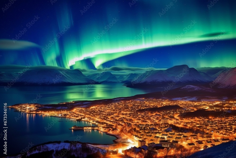 Aurora Borealis over Tromso, Norway. Generative AI
