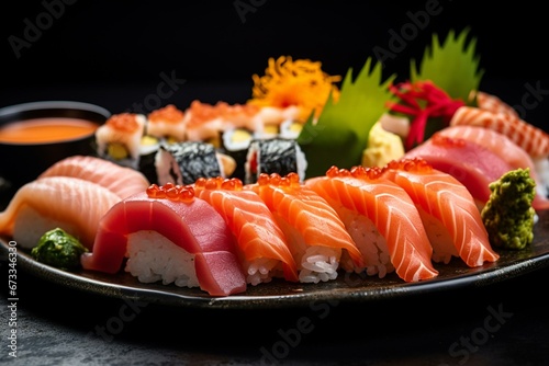 Closeup of delicious sushi on a metallic plate. Generative AI