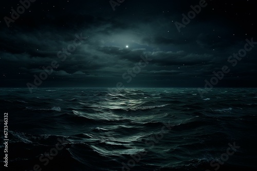 Dark ocean landscape - Gulf at night with dimly lit surroundings. Generative AI