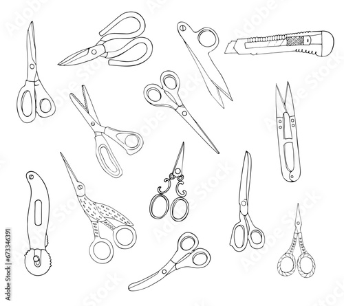 Hand drawn scissors set, Isolated vector illustration on white background. Doodle style different types of scissors