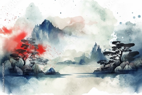 Traditional watercolor Japanese-style vector illustration of an abstract landscape mountain background. Generative AI