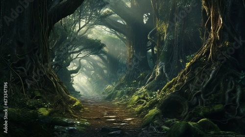 abandoned magical dense dark forest.