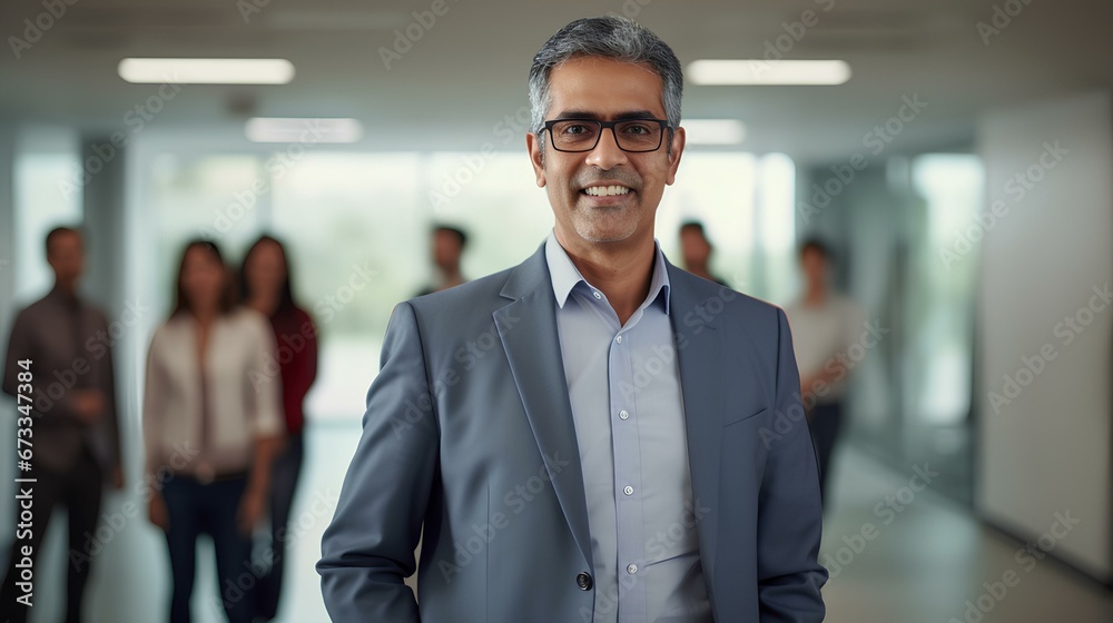 Fototapeta premium Confident older middle aged Indian business man manager standing at office team meeting. generative AI 