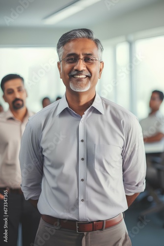 Confident older middle aged Indian business man manager standing at office team meeting. generative AI 