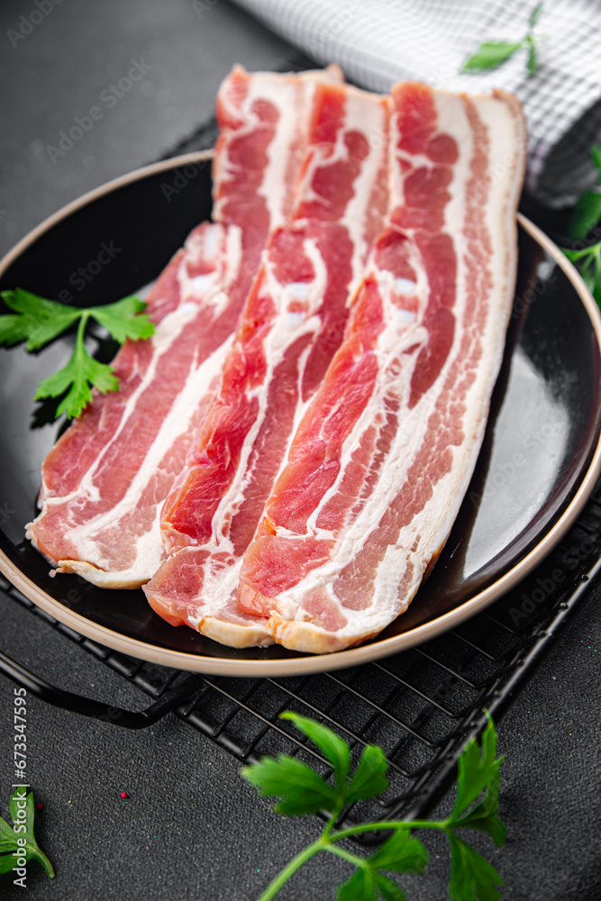 bacon slices fresh meat product pork eating cooking appetizer meal food snack on the table copy space