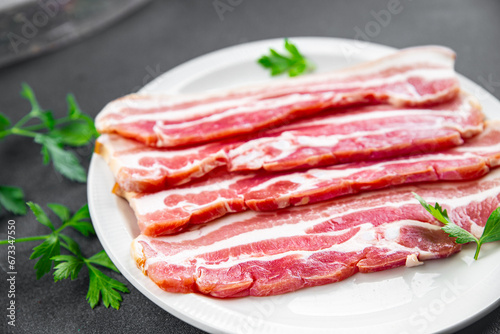 bacon slices fresh meat product pork eating cooking appetizer meal food snack on the table copy space