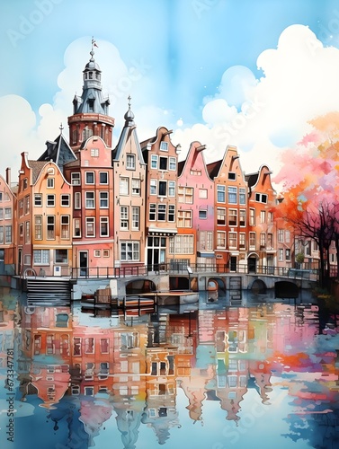 Pen and ink interpretation of Amsterdam houses