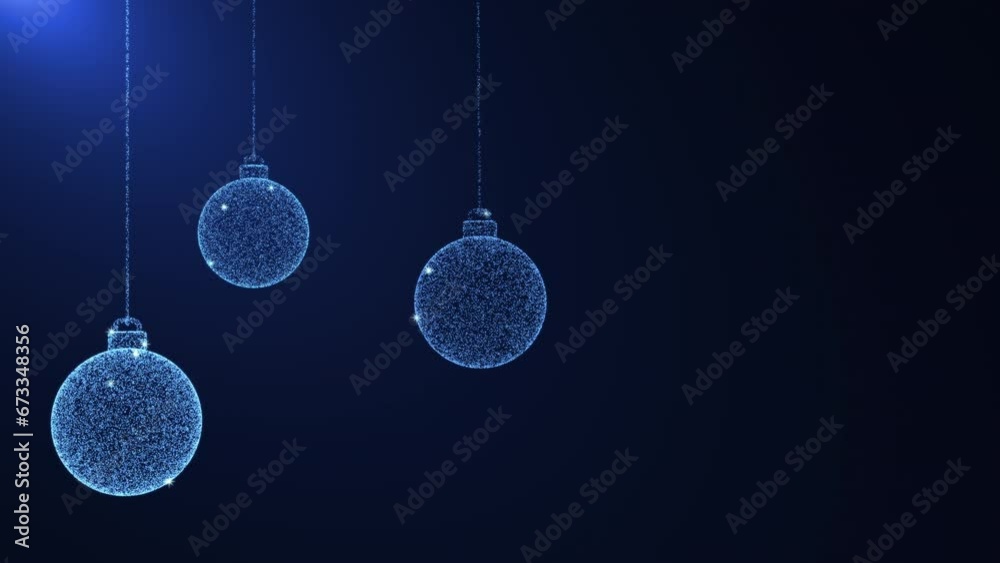 Spinning and swaying blue balls made of blue and white sparkling particles. Christmas decoration. Blue background for congratulations.