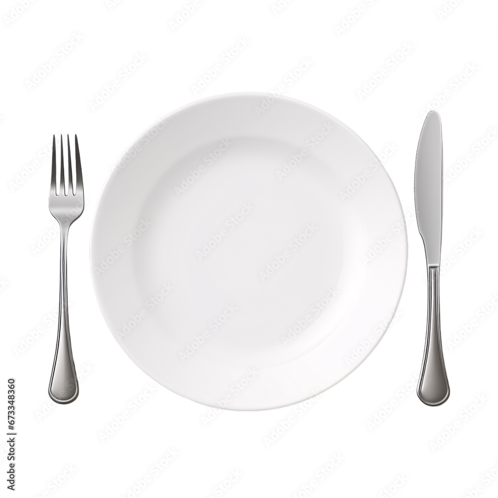 white plate with knife and fork isolated on a transparent background top view white plate with knife and fork isolated on a transparent background top view