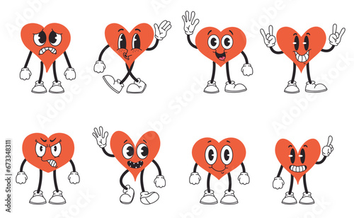 Heart cartoon character face expression different pose isolated set. Vector flat graphic design illustration
