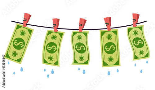 Money laundry dirty wash clothesline banknote clean concept. Vector flat graphic design illustration 
