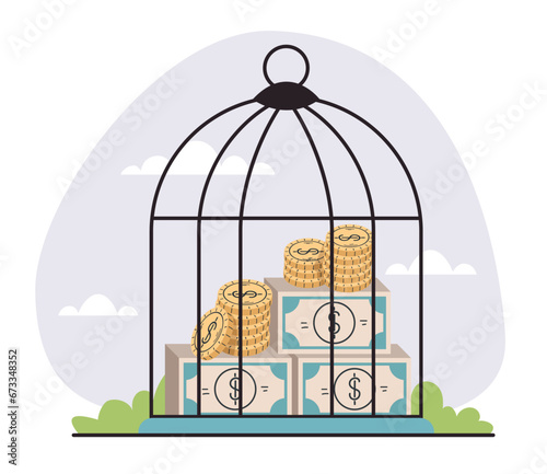 Business money mortgage finance investment saving locked in cage concept. Vector flat graphic design illustration 