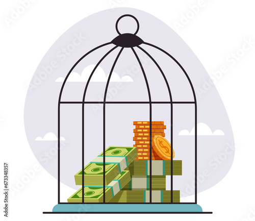 Business money mortgage finance investment saving locked in cage concept. Vector flat graphic design illustration 