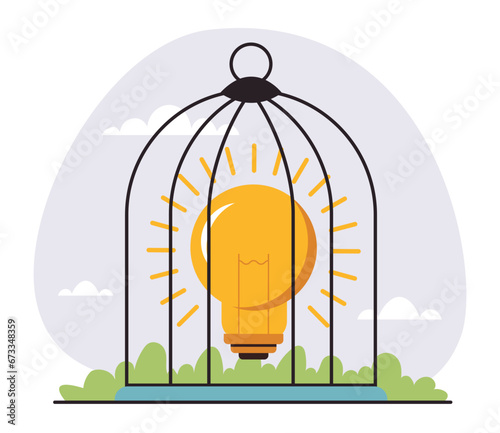 Business creativity idea locked in cage concept. Vector flat graphic design illustration  