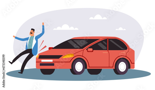 Car traffic crash injury accident road hit pedestrian concept. Vector flat graphic design illustration