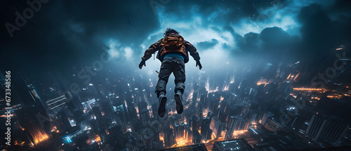 A base jumper is leaping from an urban skyscraper at night, surrounded by a cityscape illuminated with neon lights, The perspective is captured with an ultra-wide lens, giving it a cyberpunk aesthetic photo