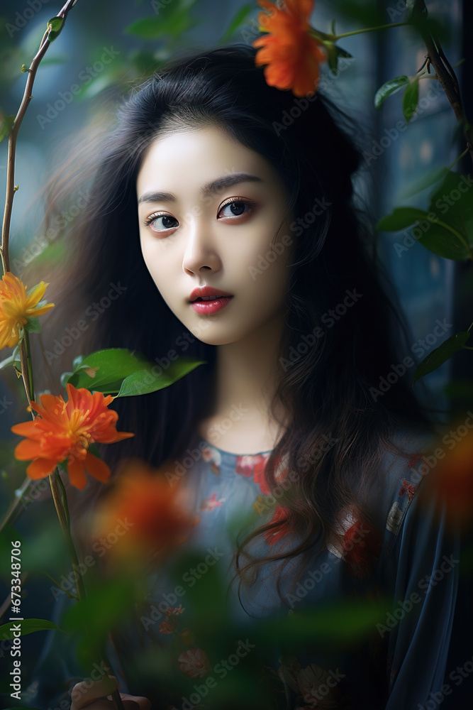 Image of flowers, plants and Asia women with blurred background, with empty copy space Image of flowers, plants and Asia women with blurred background, with empty copy space