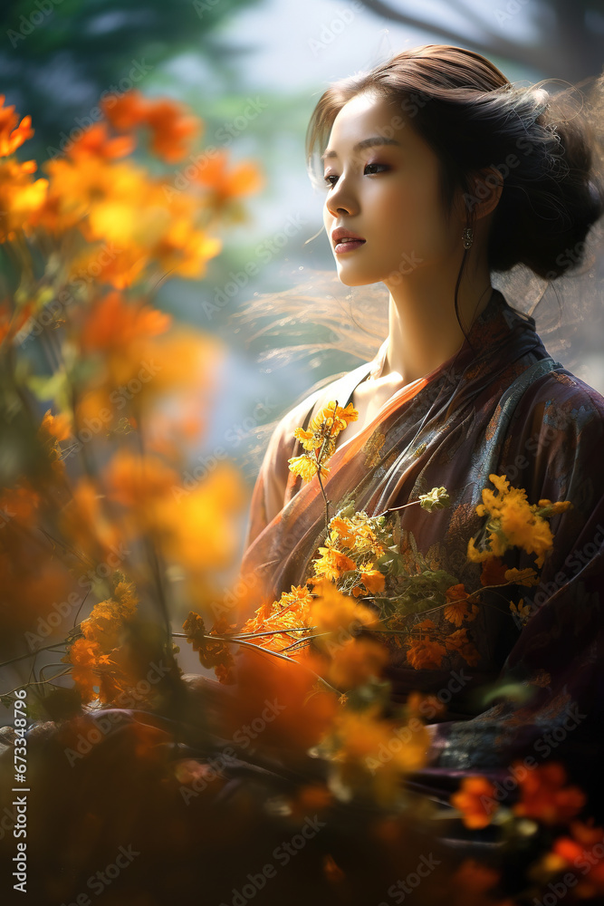 Naklejka premium Image of flowers, plants and Asia women with blurred background, with empty copy space