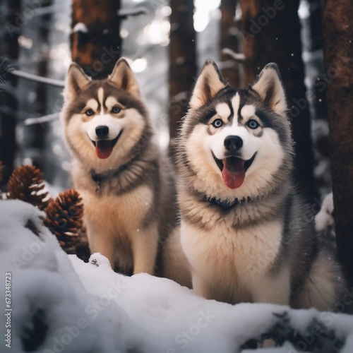 Two adorable husky dogs in the winter forest  AI generator