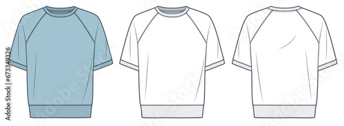 Tee Shirt fashion flat flat technical drawing template. Raglan Sleeve T Shirt technical fashion Illustration, short sleeve, front and back view, white, blue color, women, men, unisex CAD mockup set.