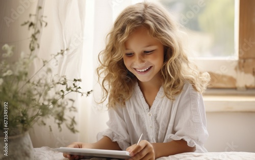 A smiling child girl is wri...