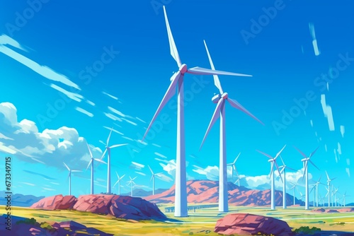 Wind turbines on clear summer day. Generative AI
