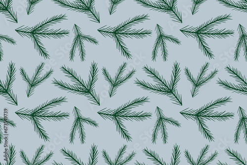 Winter vector seamless pattern with green Christmas tree branches on a blue background. Pattern for textiles, wrapping paper, wallpaper, covers and backgrounds.