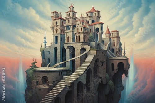 Painting of a building with ascending steps in a fantastical setting. Generative AI