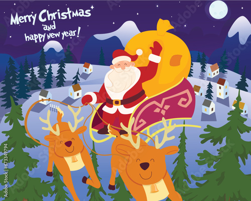 Merry Christmas card with Santa Claus flying on the sky in sleigh with reindeer at night, beautiful full moon on background, vector illustration. Vector illustration in cartoon style