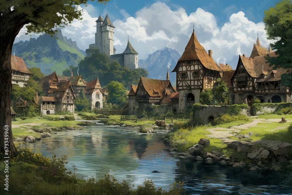 Painting of a medieval village nestled alongside a river valley. Generative AI