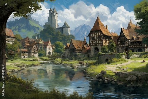 Painting of a medieval village nestled alongside a river valley. Generative AI photo