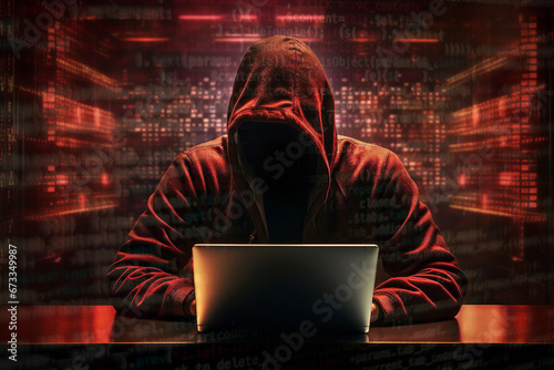 Hacker using computer for organizing massive data breach attack. Hacker in a dark room sitting at a computer