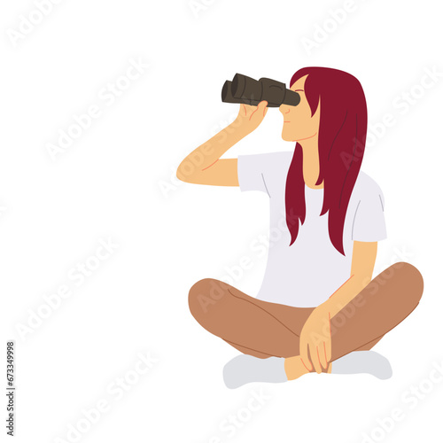 Woman watching, looking through binoculars. Flat vector illustration isolated on white background