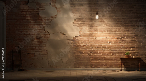 lifelike photo featuring the enchanting texture of un-plastered brick walls, adorned with dramatic lighting effects that accentuate the depth and character of the surface.