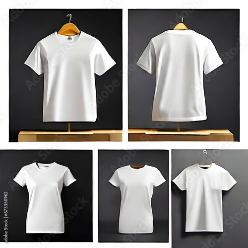 Craft a captivating description for a mockup of a white t-shirt elegantly displayed on a stand. Emphasize the clean, minimalist design of the t-shirt and how it provides a blank canvas...