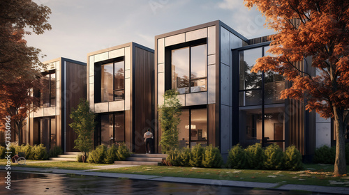 realistically rendered modern modular private townhouse with a minimalist architectural exterior. essence of contemporary residential design © J.V.G. Ransika