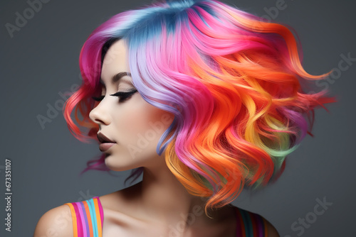 Portrait of a beautiful girl with rainbow neon hair style on gray background.