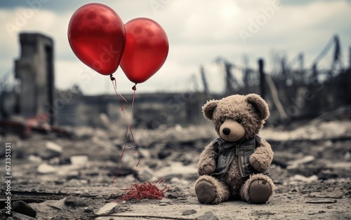 A dirty little bear doll and a red balloon in front of a war destroyed city