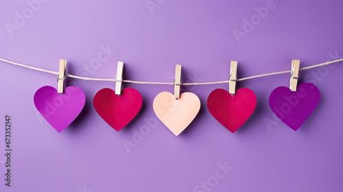 colorful hearts on rope with clothespins, on a purple background. Place for text, copy space. 