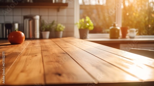 Close up wooden counter in modern kitchen interior, sunny day.