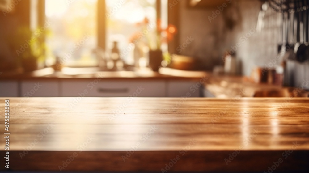 Close up empty wooden counter in modern kitchen interior, sunny day, generative AI.