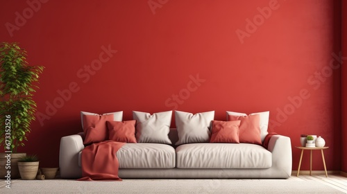 Sofa against the background of a red wall - generative ai