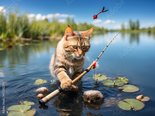 a cat caches fish with a fishing rod