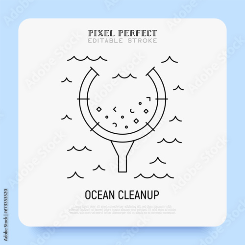 Ocean cleanup, save our oceans thin line icon. Garbage in the ocean. Editable stroke. Vector illustration.